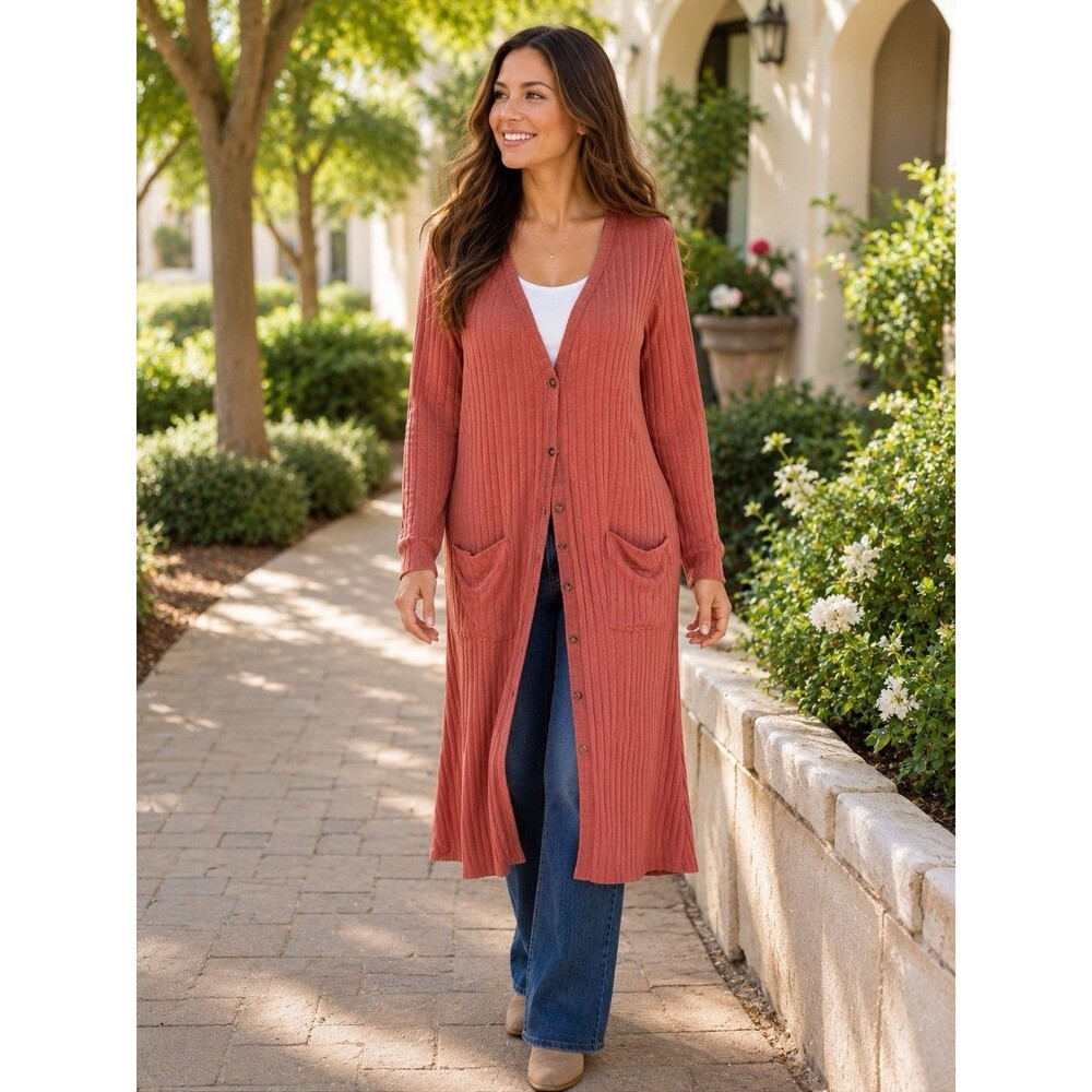 By Together Ribbed Knit Longline Duster Large Button Up Sweater Burnt Orange